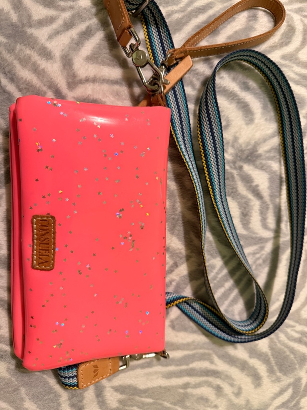 Consuela Coral Pink Star Glitter Crossbody Wallet with Striped Strap